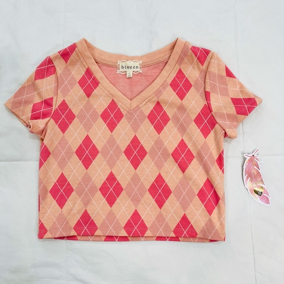 btween Other - BTWEEN• Girls Pink Orange Checkered V Neck Vest Short Sleeve Top NWT (10)